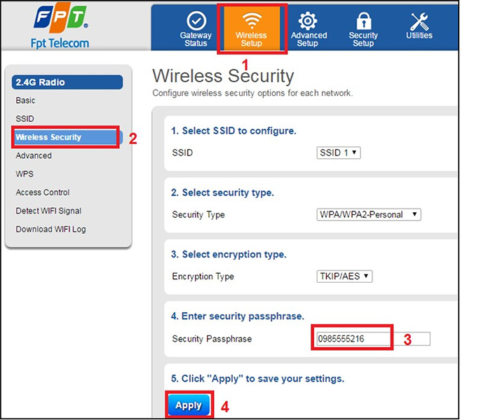 hình ảnh hướng dẫn đổi mật khẩu WiFi FPT qua trình duyệt web