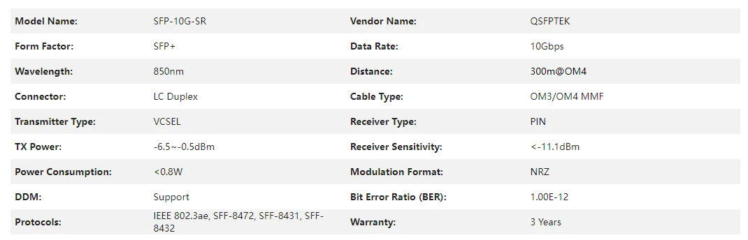 thông số 10GBASE-SR SFP+ của Cisco